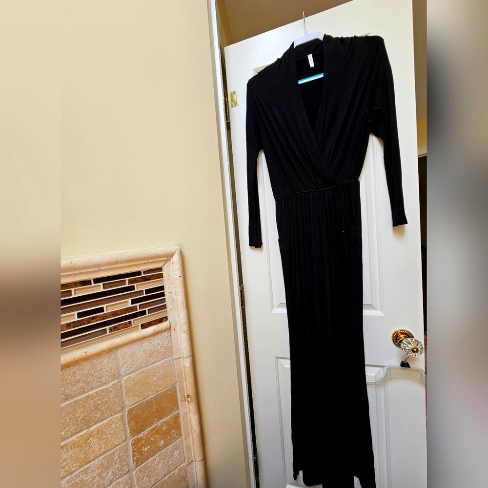 Women's black mock wrap jump suit, with pockets